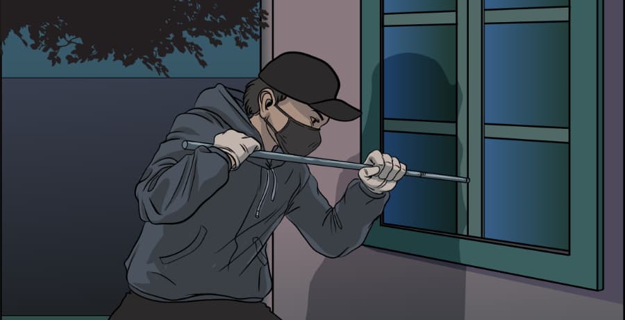 Illustration of burglar forcing entry through a window in Hagerstown