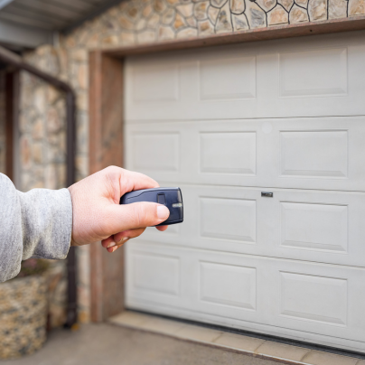 Hagerstown security key fob pointing to a garage door